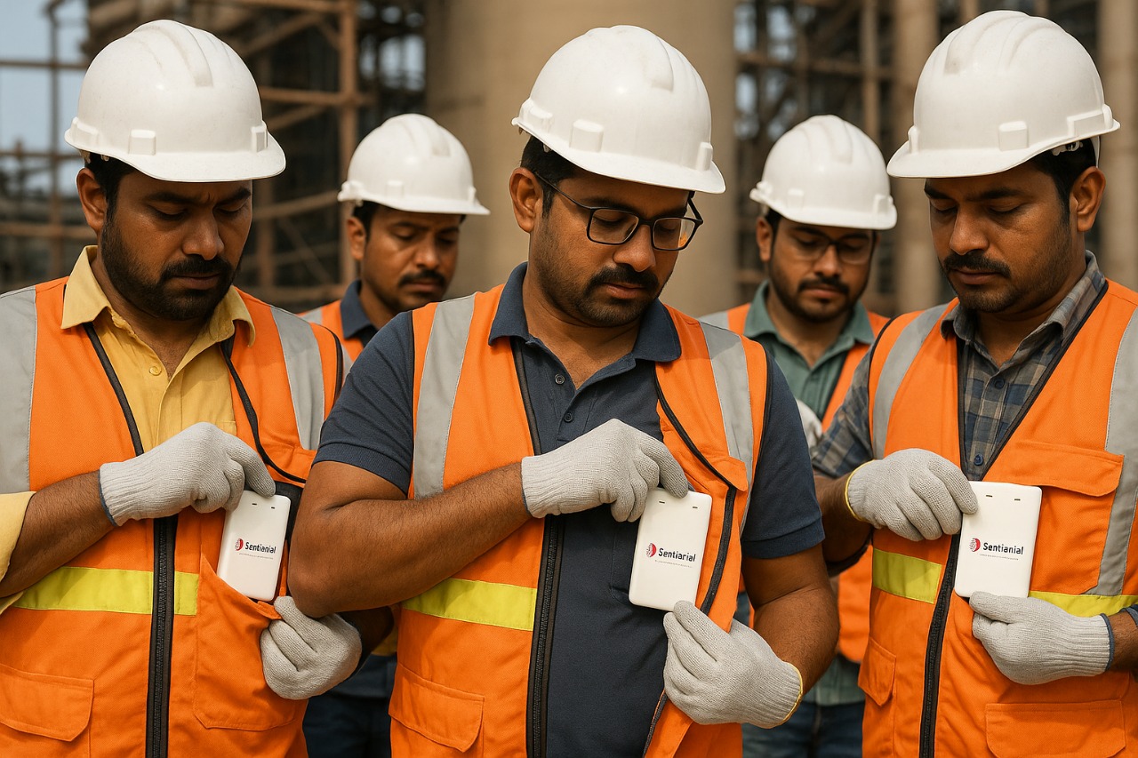 Construction workers using Sentiantal safety monitoring devices